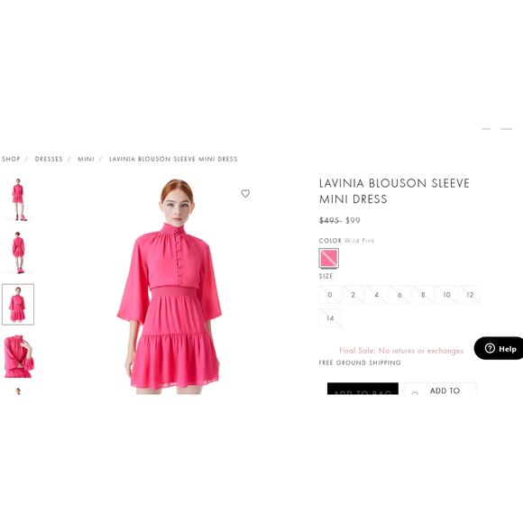 Alice + Olivia Lavania Blouson Sleeve Mini Dress in Wild Pink Smocked Waist US 8 - Picture 4 of 8